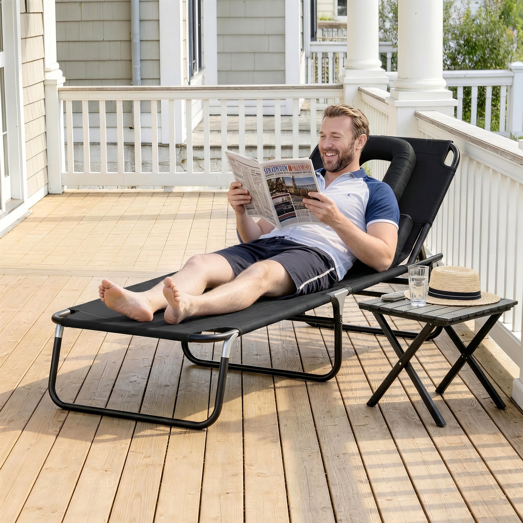 Transat de Jardin Chaise Longue Pliante Bain de Soleil pour Lecture Noir