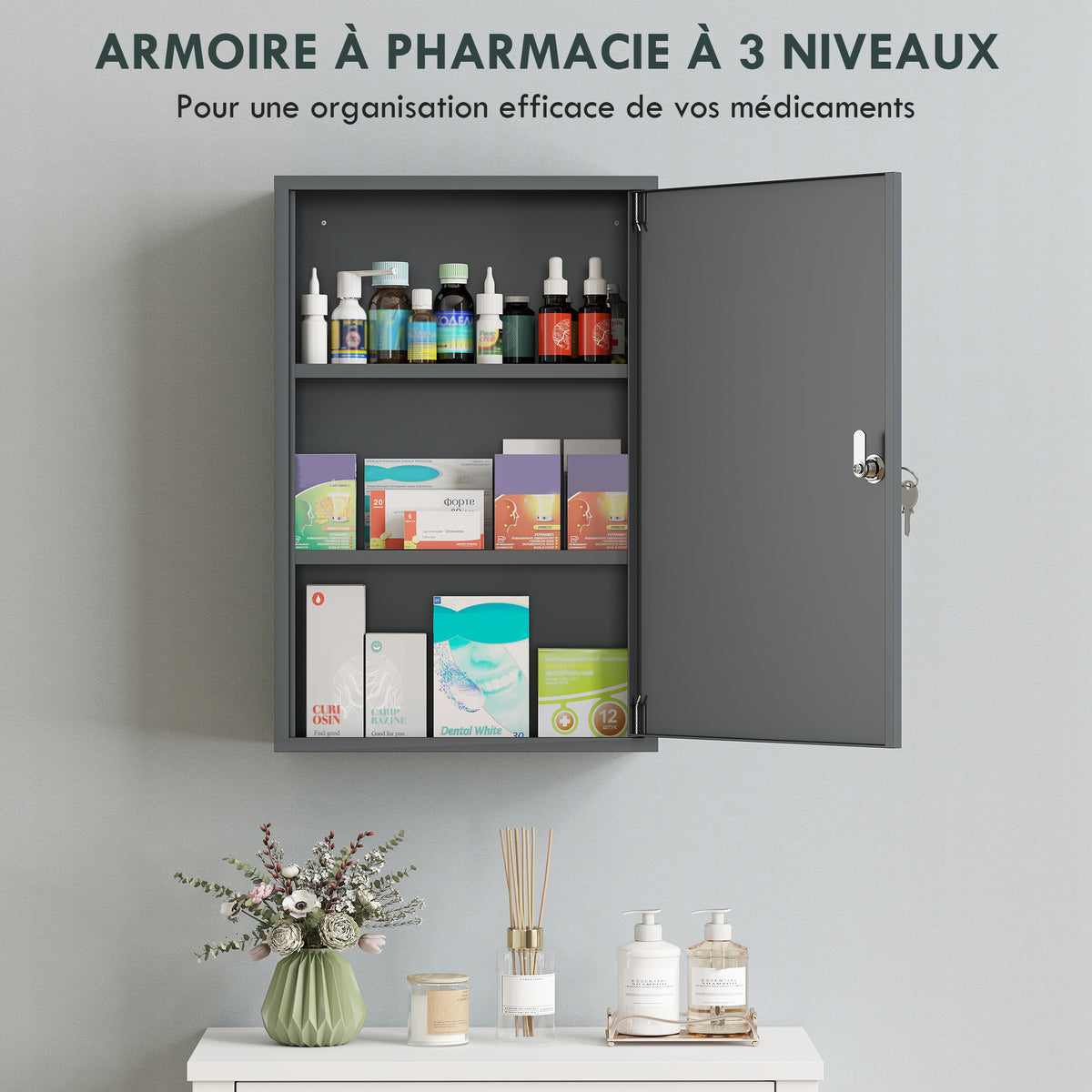 Armadietto portamedicinali a 2 ripiani, 3 livelli, chiudibile a chiave, dim. 40L x 18P x 60A cm, 2 chiavi, metallo, grigio fumé
