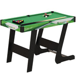 Tavolo da biliardo pieghevole con accessori: 2 stecche, 16 bilie, triangolo, gesso, dim. 104L x 55,5P x 68A cm, panno verde