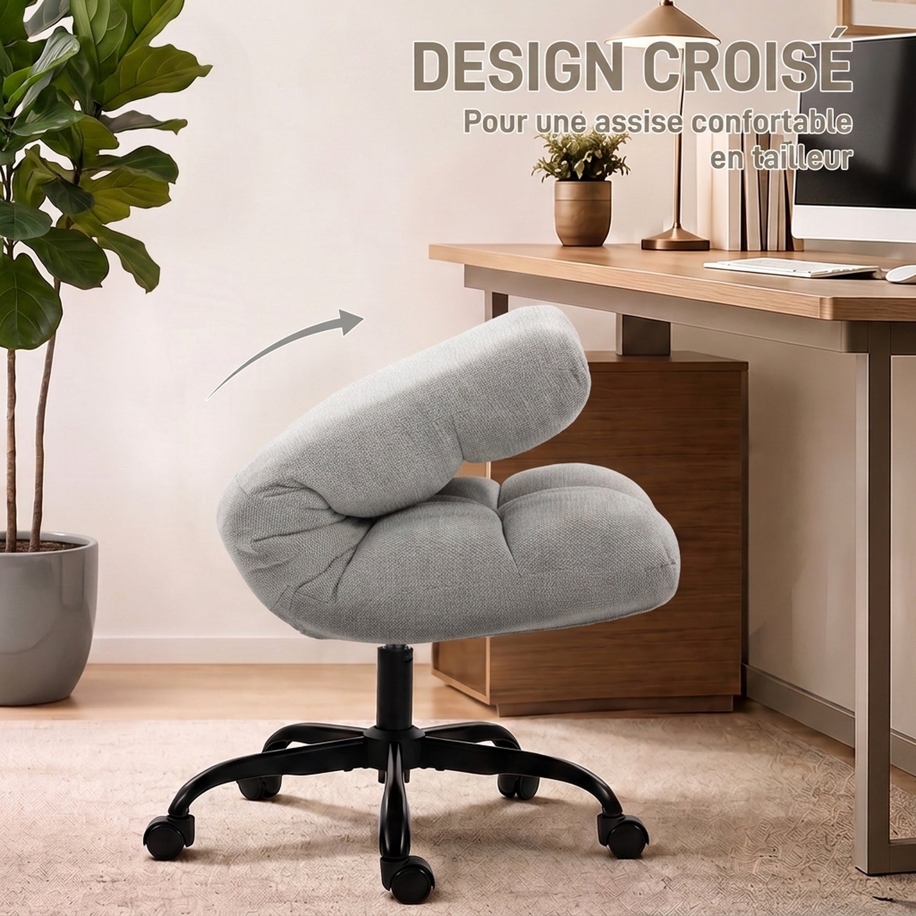 Fauteuil salon sans accoudoirs, chaise pivotante en tissu chenille, assise large, 75 x 95 x 90 cm gris clair