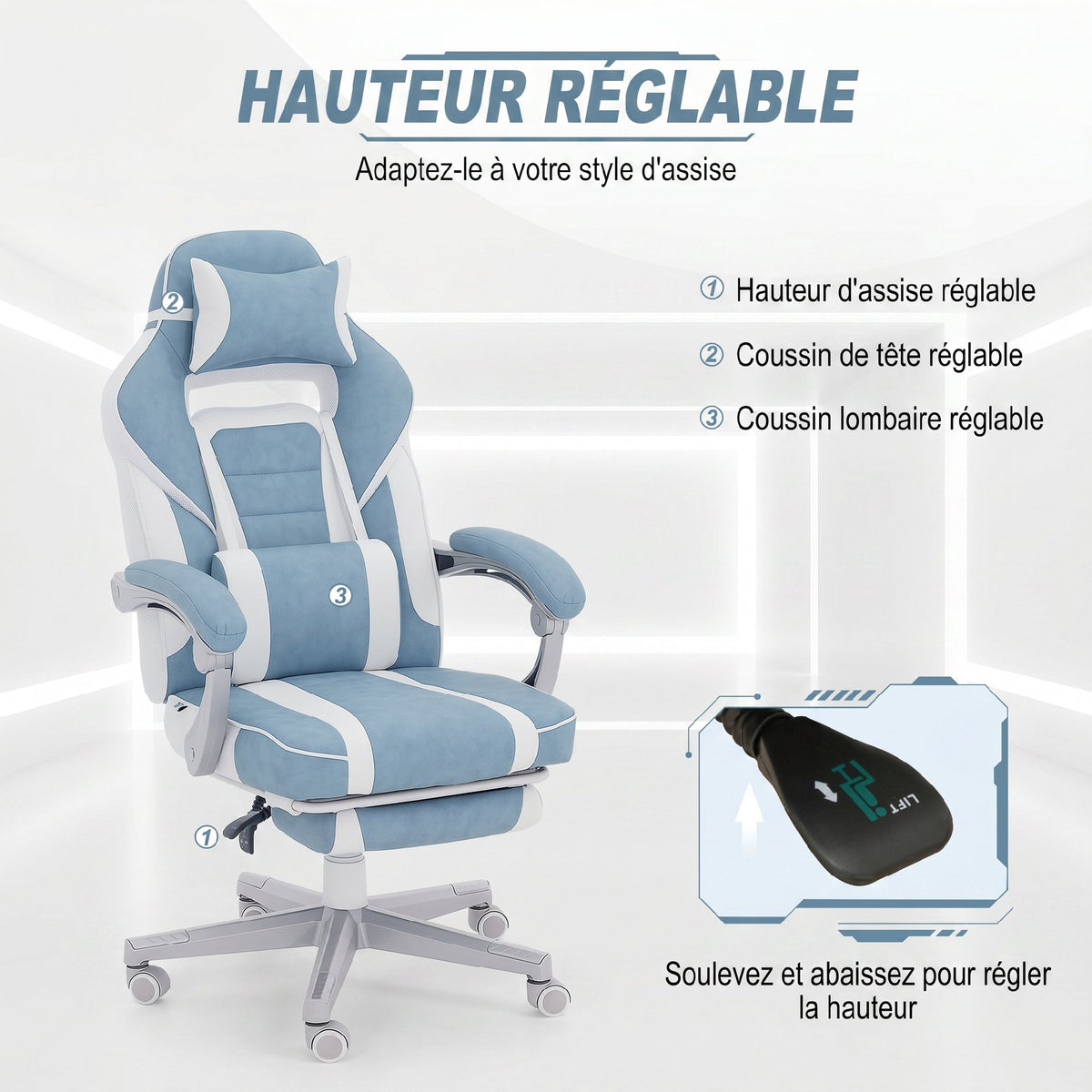Chaise gaming, fauteuil gaming ergonomique avec repose-pieds, hauteur réglable, dossier inclinable, 63x63x123cm, bleu