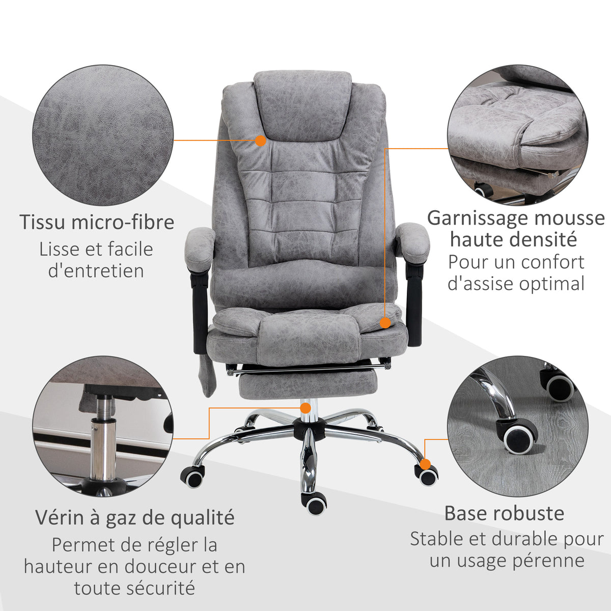 Fauteuil de bureau direction massant chauffant hauteur réglable dossier inclinable toile de microfibre gris