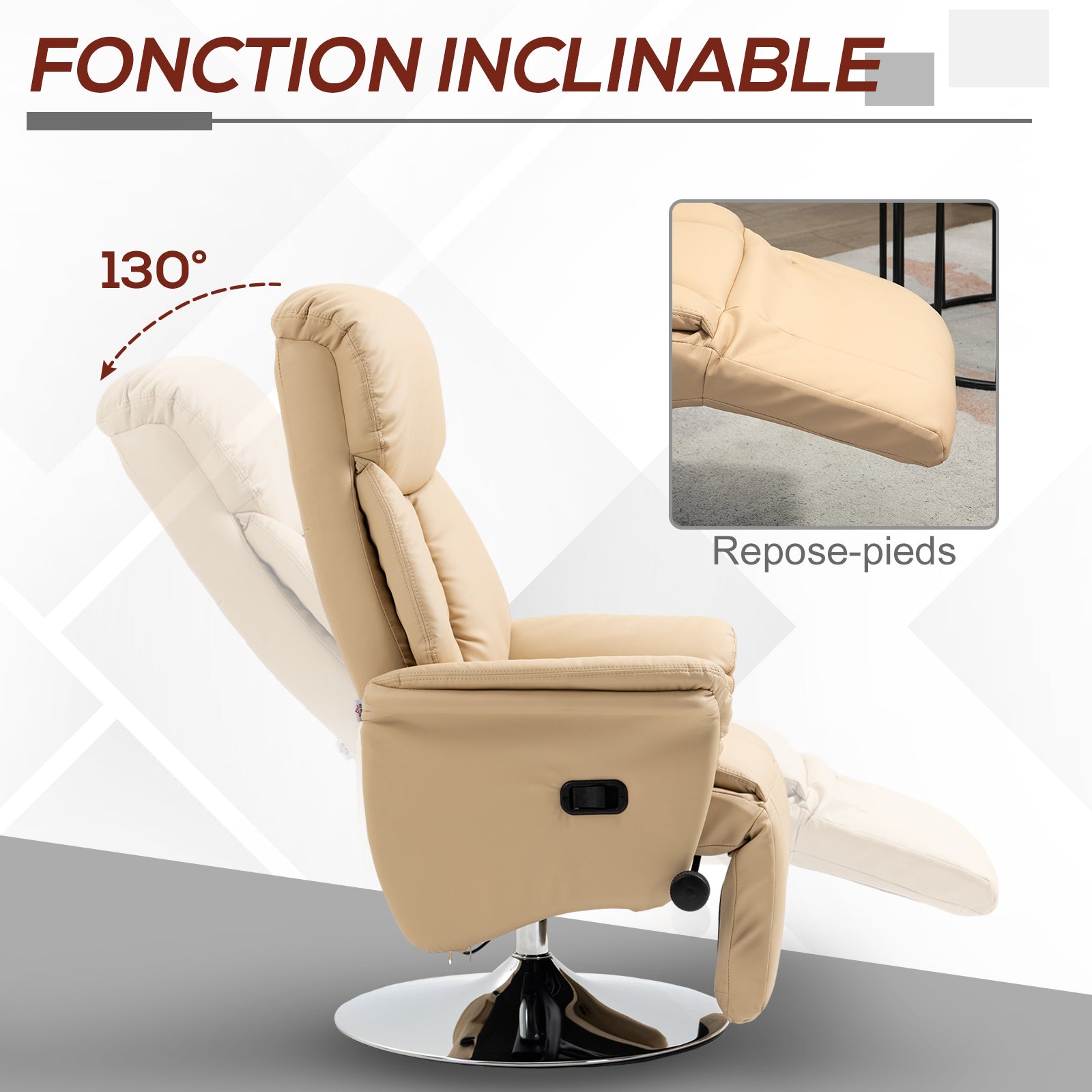 Fauteuil inclinable pivotant repose-pied réglable accoudoirs piètement acier chromé revêtement synthétique PU beige