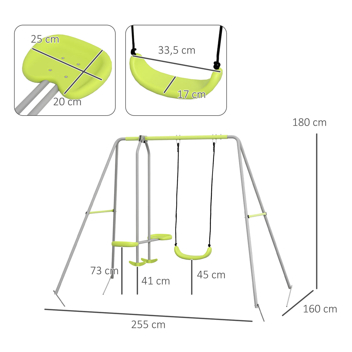 Balançoire 2 agrès portique avec 1 balançoire et face à face 255 x 160 x 180 cm charge max. 135 kg vert gris