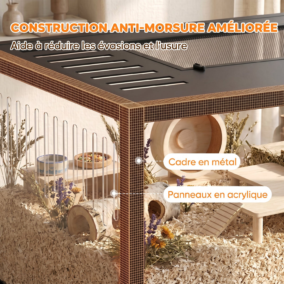 Cage Hamster Habitat Rongeur Vue Panoramique 360° Structure Robuste en Métal Espace Étanche Profond 100x50x52,5 cm Noir