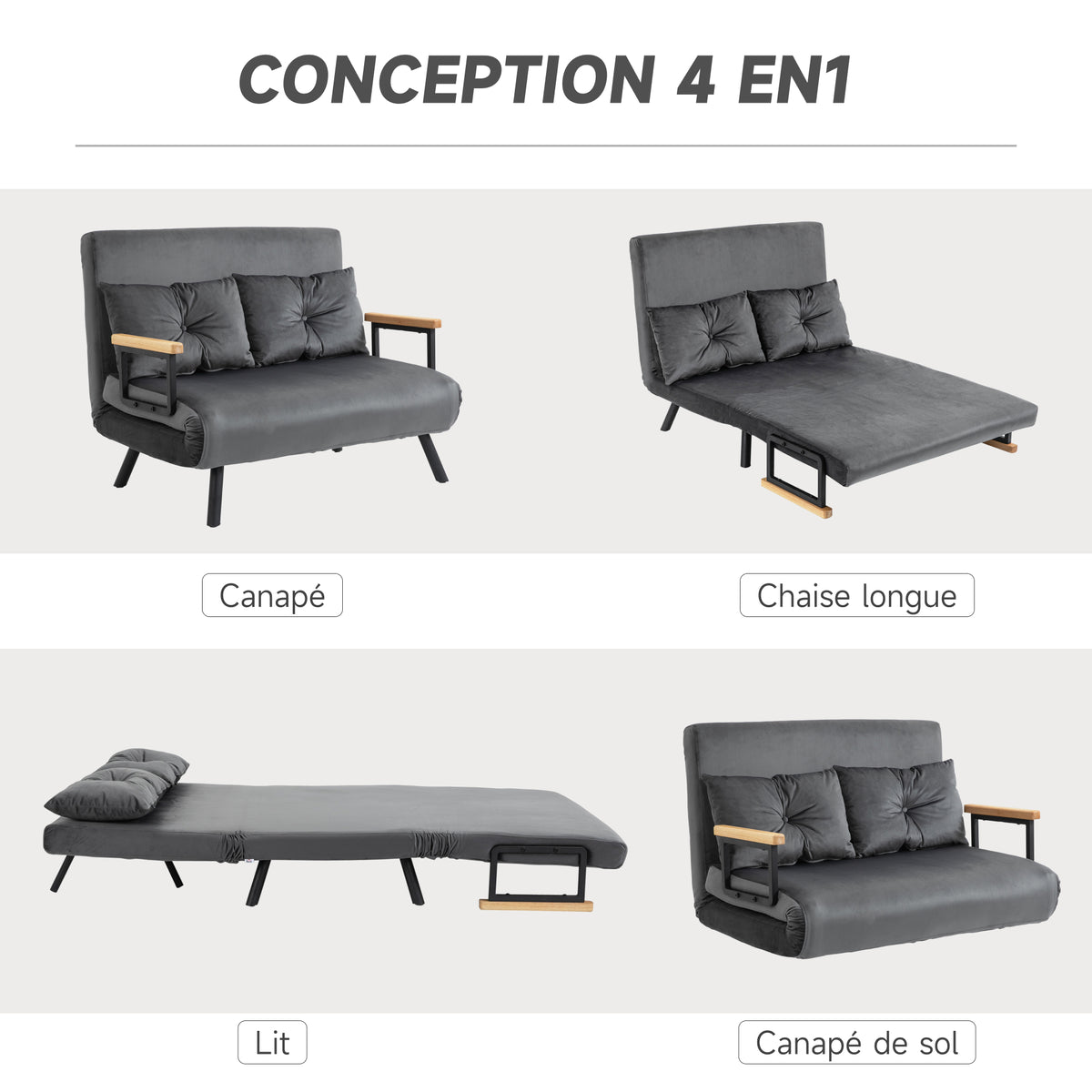 Canapé convertible 2 places avec dossier réglable sur 5 niveaux et 2 coussins rembourrés pour salon, chambre d'amis-3
