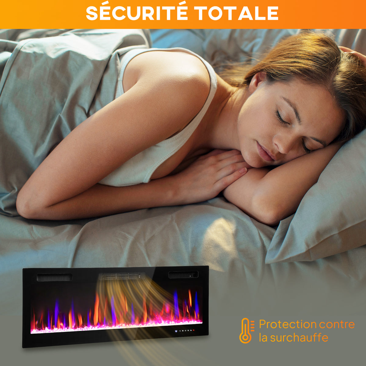 Cheminée électrique mural ou encastrable 900W/1800W, effet flamme à 12 couleurs 5 luminosités, 127 x 9,4 x 47 cm, noir