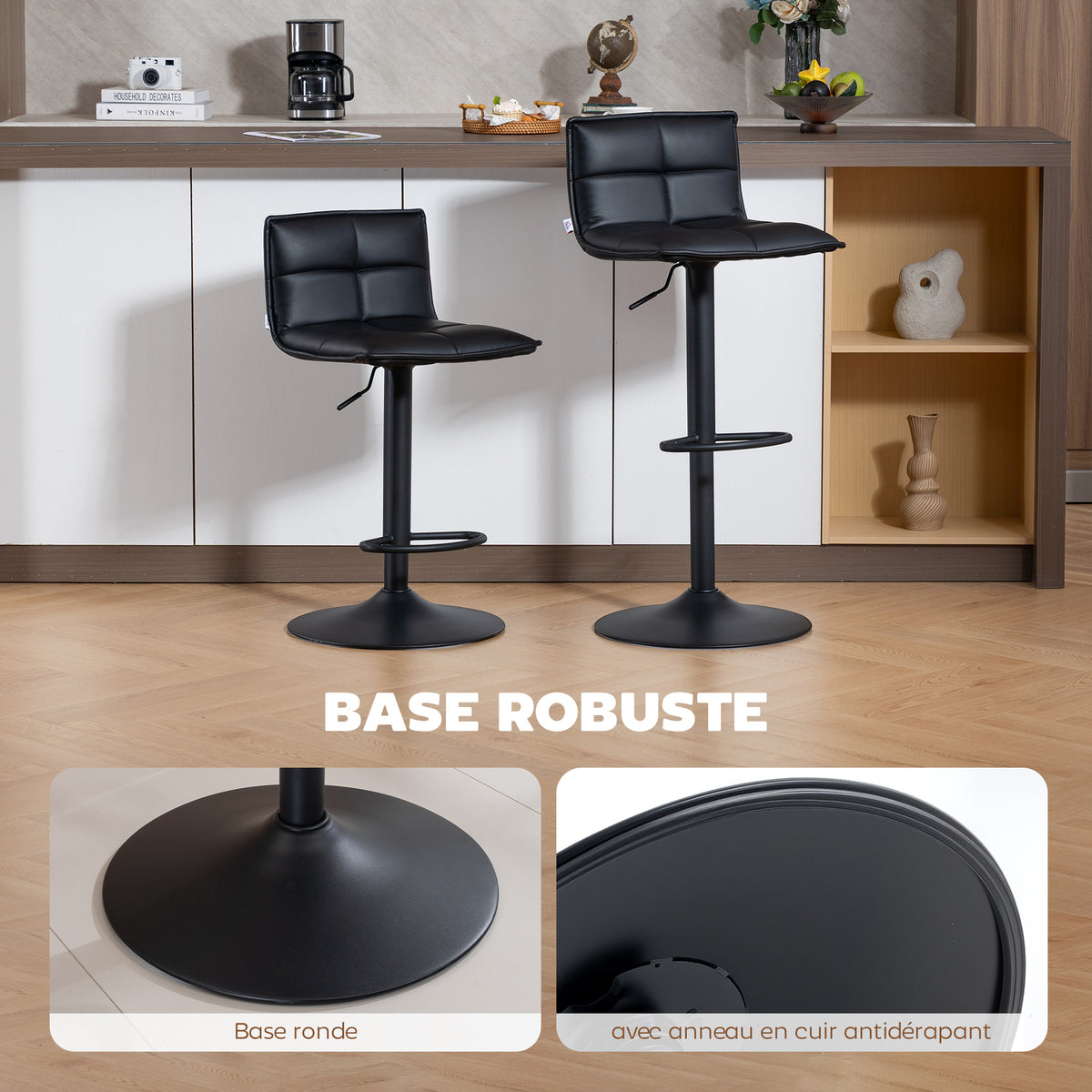 Lot de 2 tabourets de bar, chaises de bar réglable en hauteur avec assise pivotant en PU 44 x 45 x 85-106 cm noir