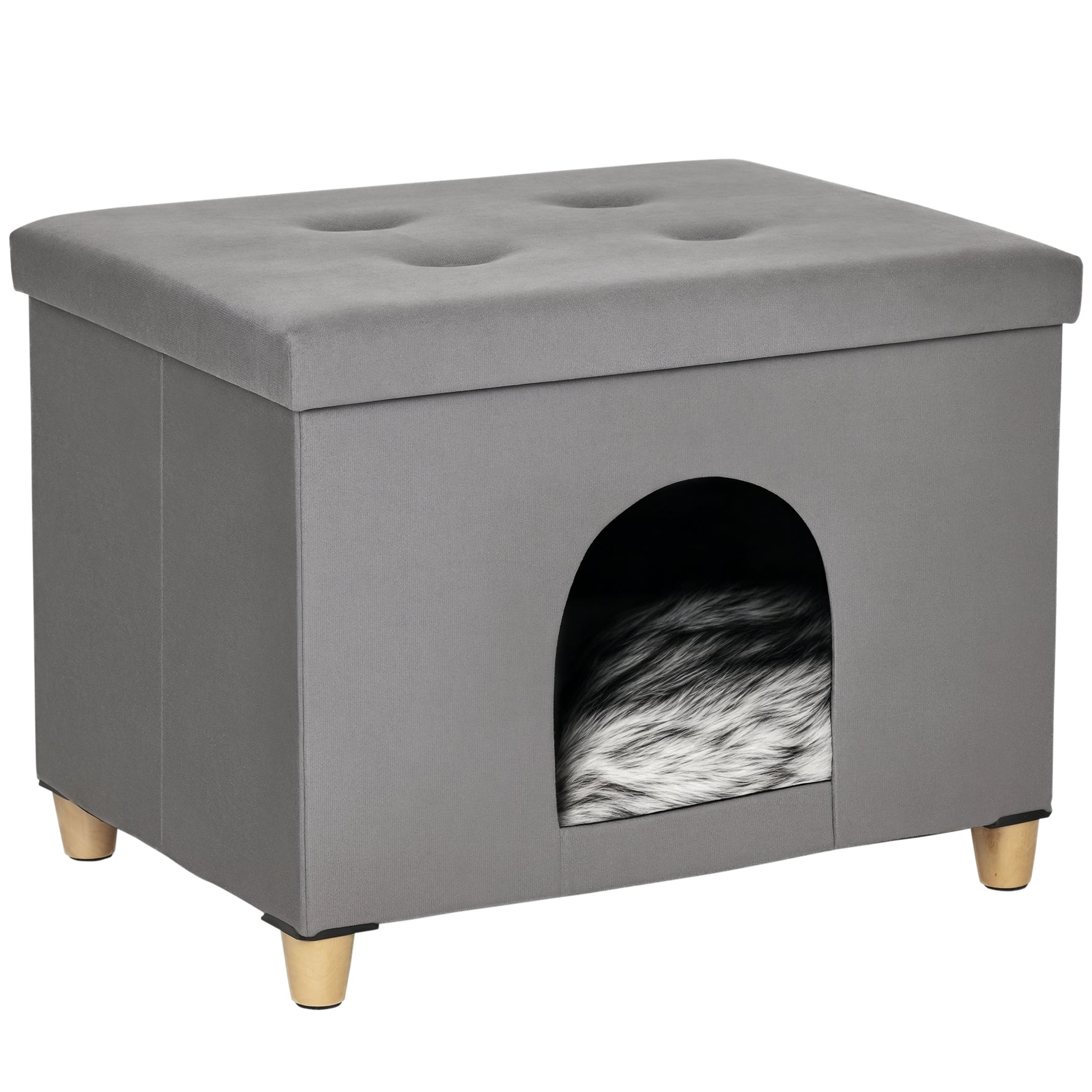 Niche chat maison de chat design surélevé avec coussin amoviable et lavable en peluche doux repose-pieds, dessus ouvrable, gris