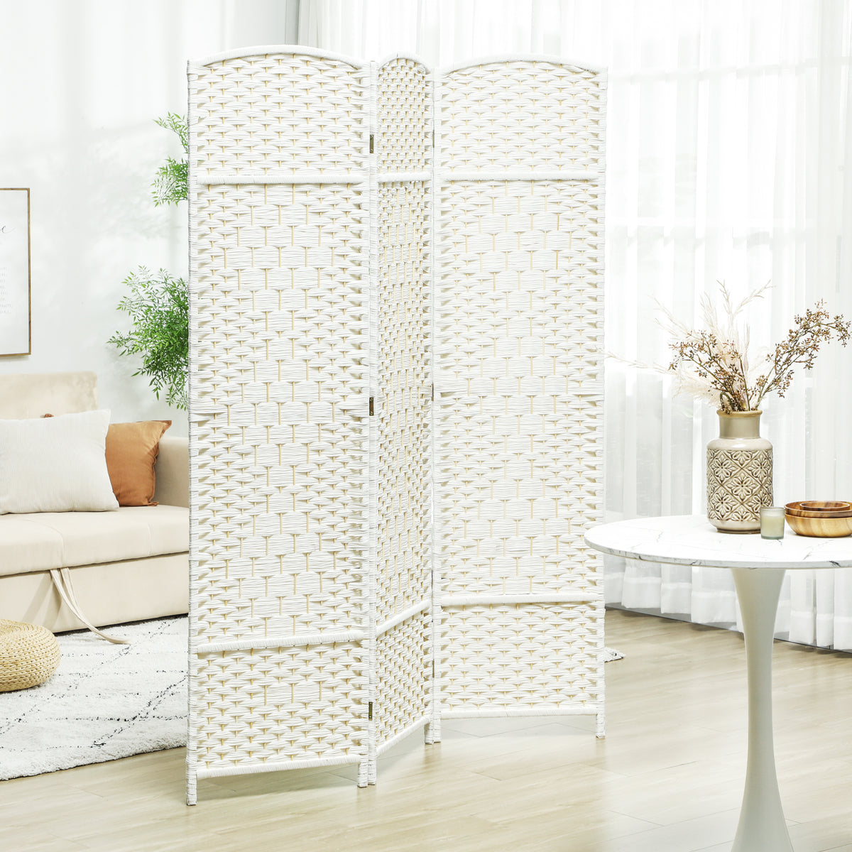 Paravent intérieur en bois 3 panneaux séparateur de pièce pliable pour salon chambre 135 x 180 cm blanc