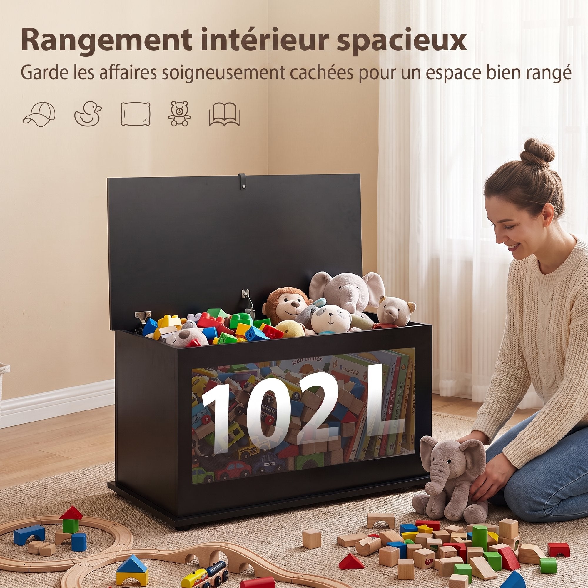 Coffre de Rangement, Banc de Rangement avec Couvercle Rabattable et Charnières de Sécurité, 80 x 40 x 45 cm, Noir