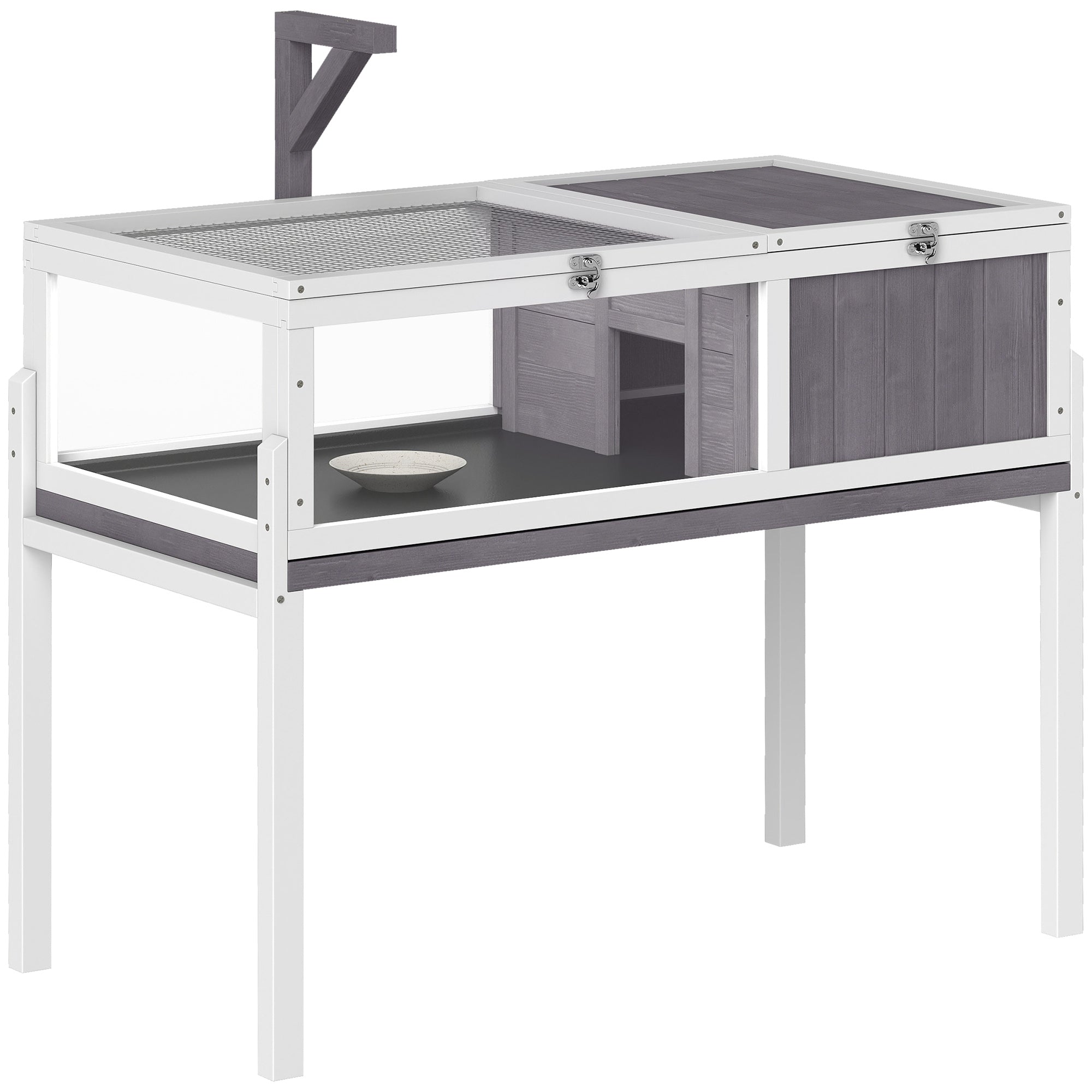 Tortoise house, wooden tortoise enclosure, 2 compartments, lamp holder, opening roof, sliding tray, 104x53x82cm, grey