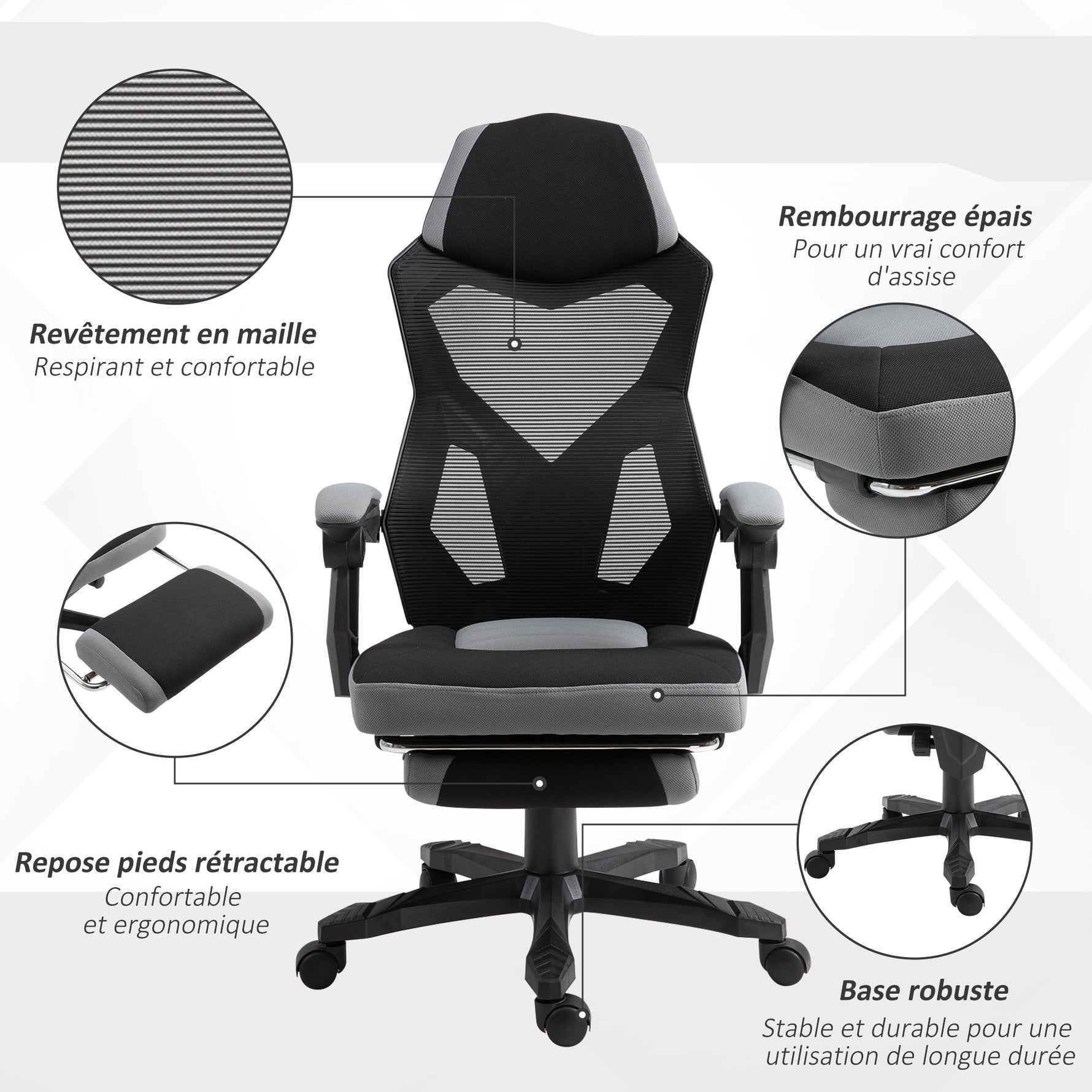 Chaise de bureau fauteuil gaming hauteur réglable dossier roulettes pivotantes repose-pied tissu en maille 58L x 63l x 112-122H cm gris noir