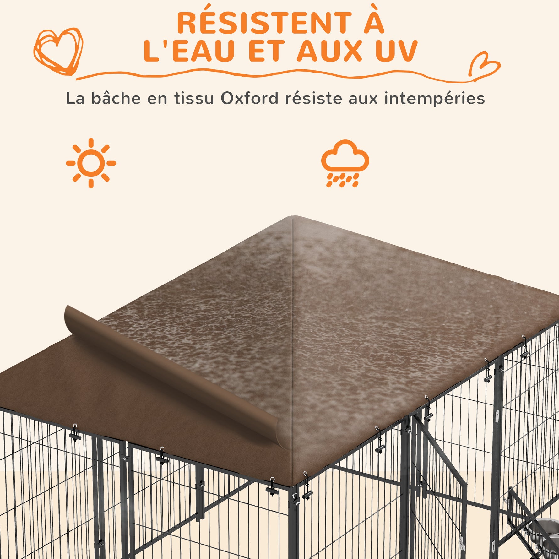 Chenil extérieur pour Chiens en acier et Tissu Oxford Support gamelle et Toit résistant aux intempéries Espace spacieux-4