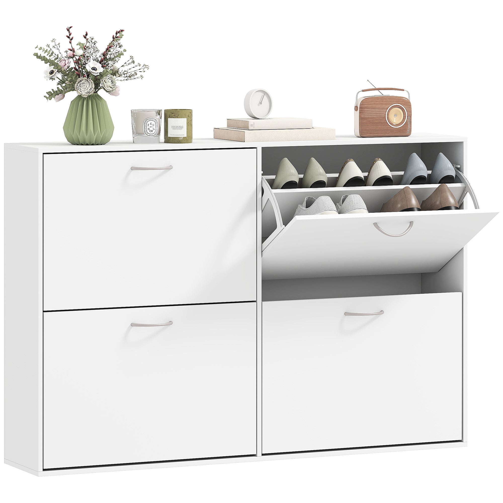 Shoe Cabinet Large Shoe Storage Unit dim. 120L x 24W x 81H cm 4 Double-Tier Drop-Down Doors White Wood