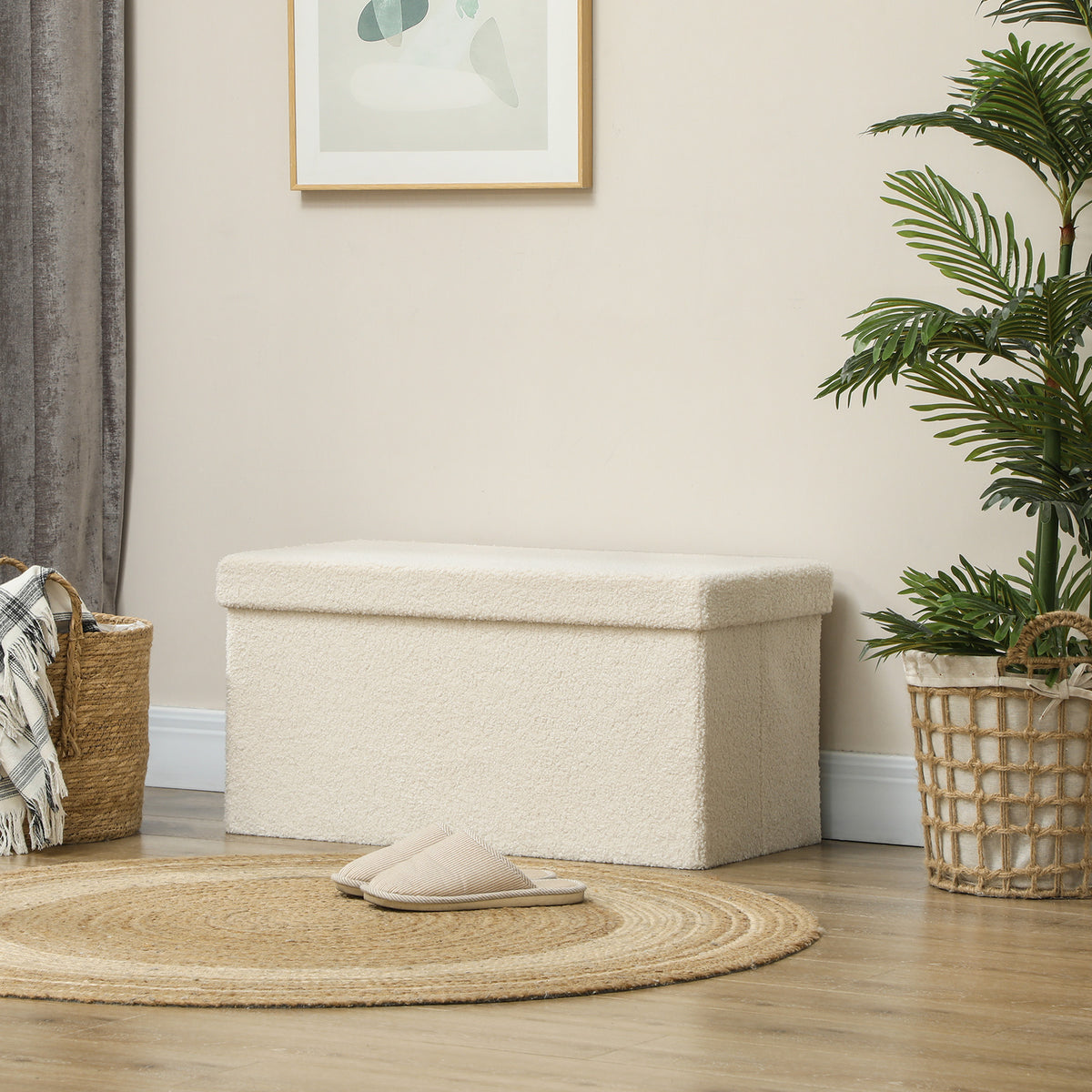 Banc de Rangement 84 L, Pouf Pliable Rembourré en Peluche Teddy, Bout de Lit, Charge 120 kg, 76 x 38 x 38 cm, Crème