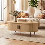 Table basse ovale en bois, table de salon moderne avec portes coulissantes et rangement caché, 100x55x40cm, bois naturel