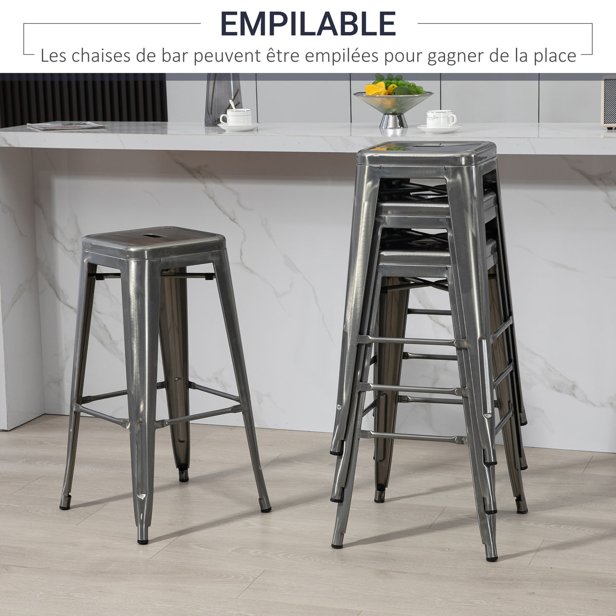 4er-Set stapelbare Industrie-Barhocker Sitzhöhe 76 cm silberfarbenes Metall