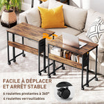 Bureau pliable sur roulettes 80 x 50 cm avec étagère et sac de rangement, brun rustique