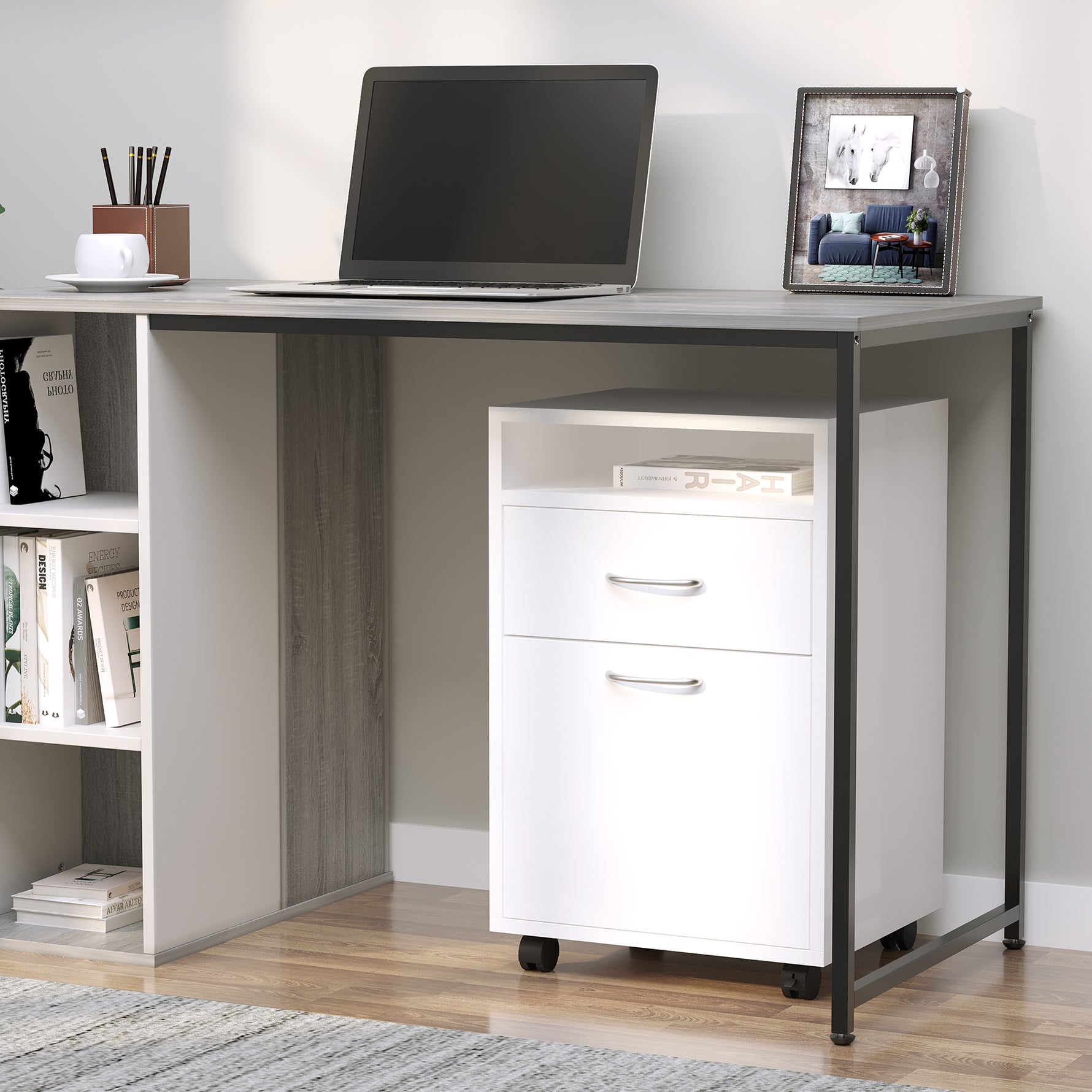 Caisson de bureau rangement bureau sur roulettes tiroir placard niche panneaux particules blanc