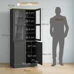 Bibliothèque vitrine, meuble de rangement à 6 niveaux avec 4 portes dont 2 en verre trempé, étagères réglables, noir