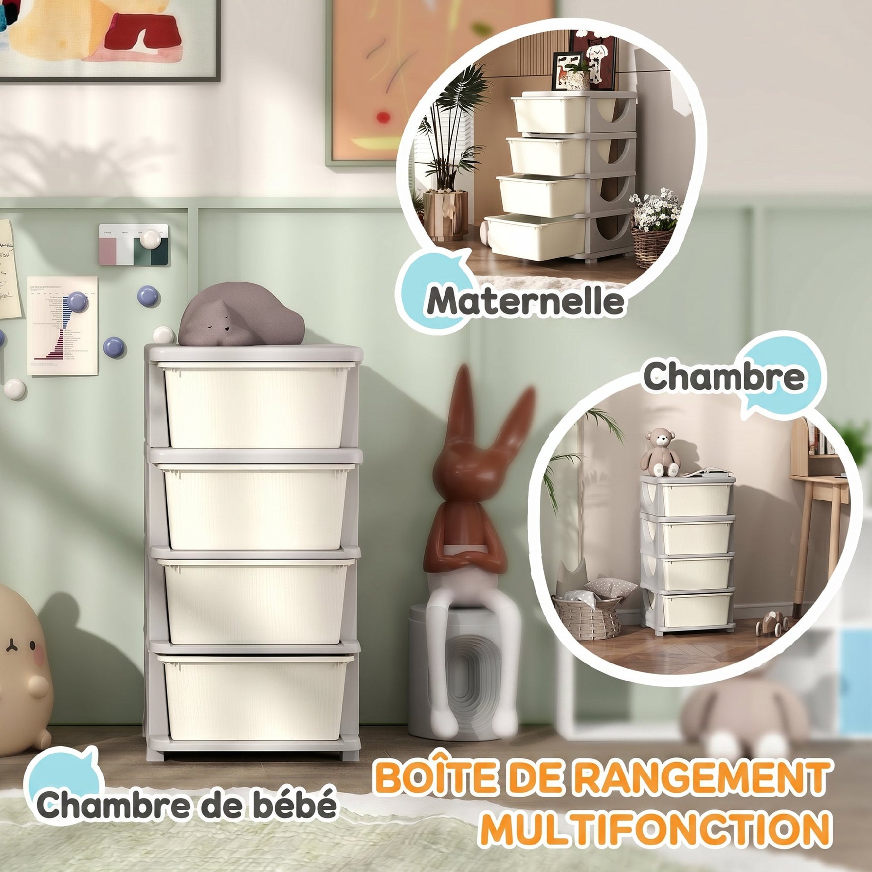 Organisateur de jouets pour enfants avec 4 tiroirs à 4 niveaux, boîtes de rangement en plastique, 37 x 37 x 76 cm, crème