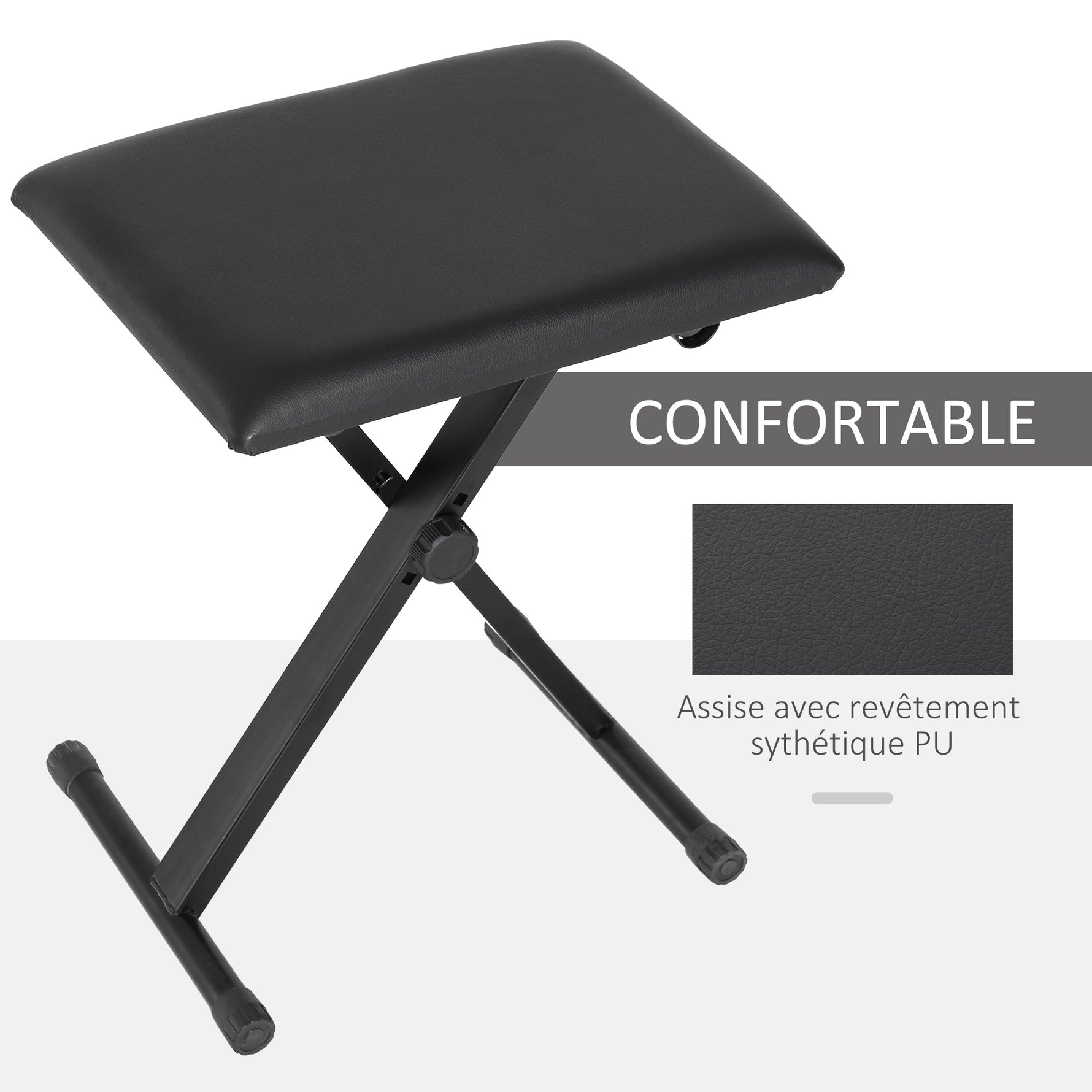 Tabouret piano pliable, banc piano réglable en hauteur de 37 à 47 cm, siège rembourré en PU et pieds en métal antidérapants, charge 100 kg, noir