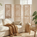 Paravent interieur en bois 6 panneaux 240 x 170 cm, pliable et portable, motif de feuille, design amovible, bois naturel