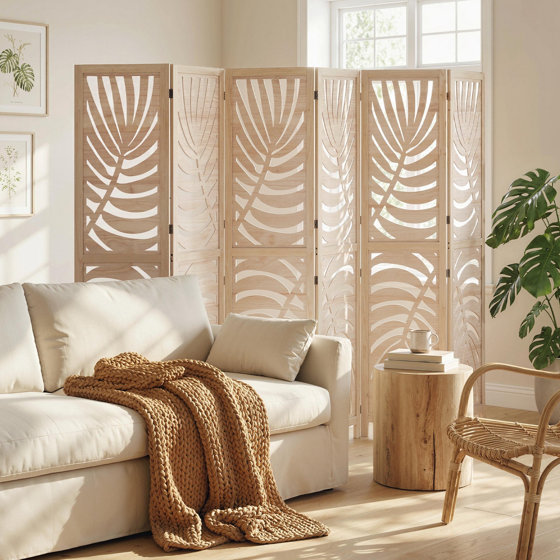 Paravent interieur en bois 6 panneaux 240 x 170 cm, pliable et portable, motif de feuille, design amovible, bois naturel