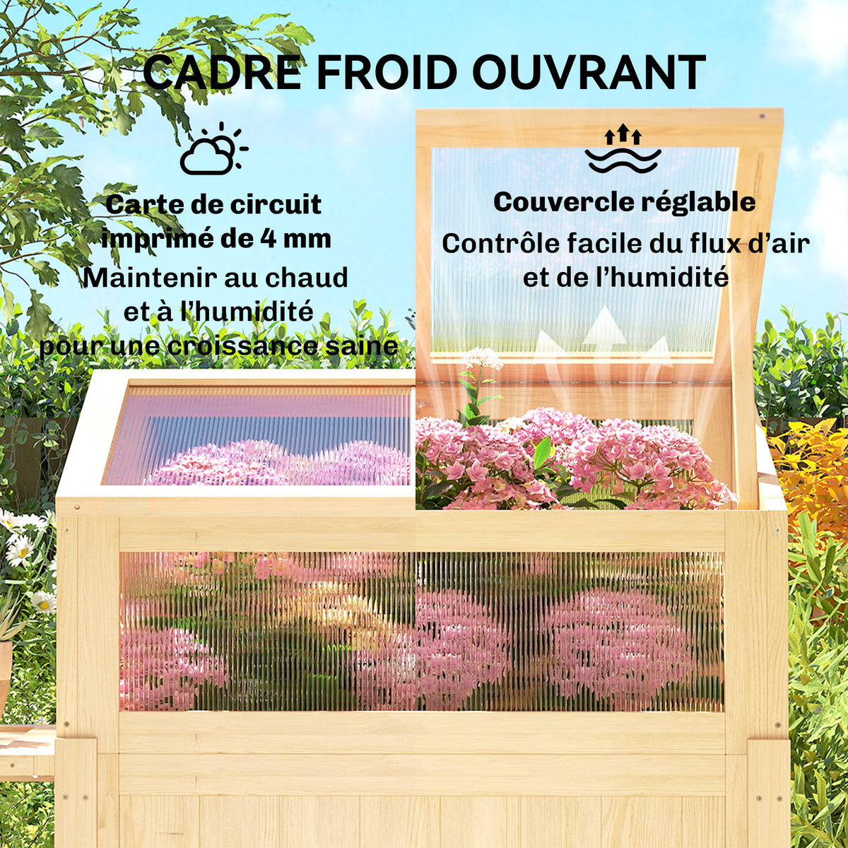 Carré potager sur pieds avec serre, jardinière surélevée, table latérale pliante et étagère, 104x50x120cm, bois naturel