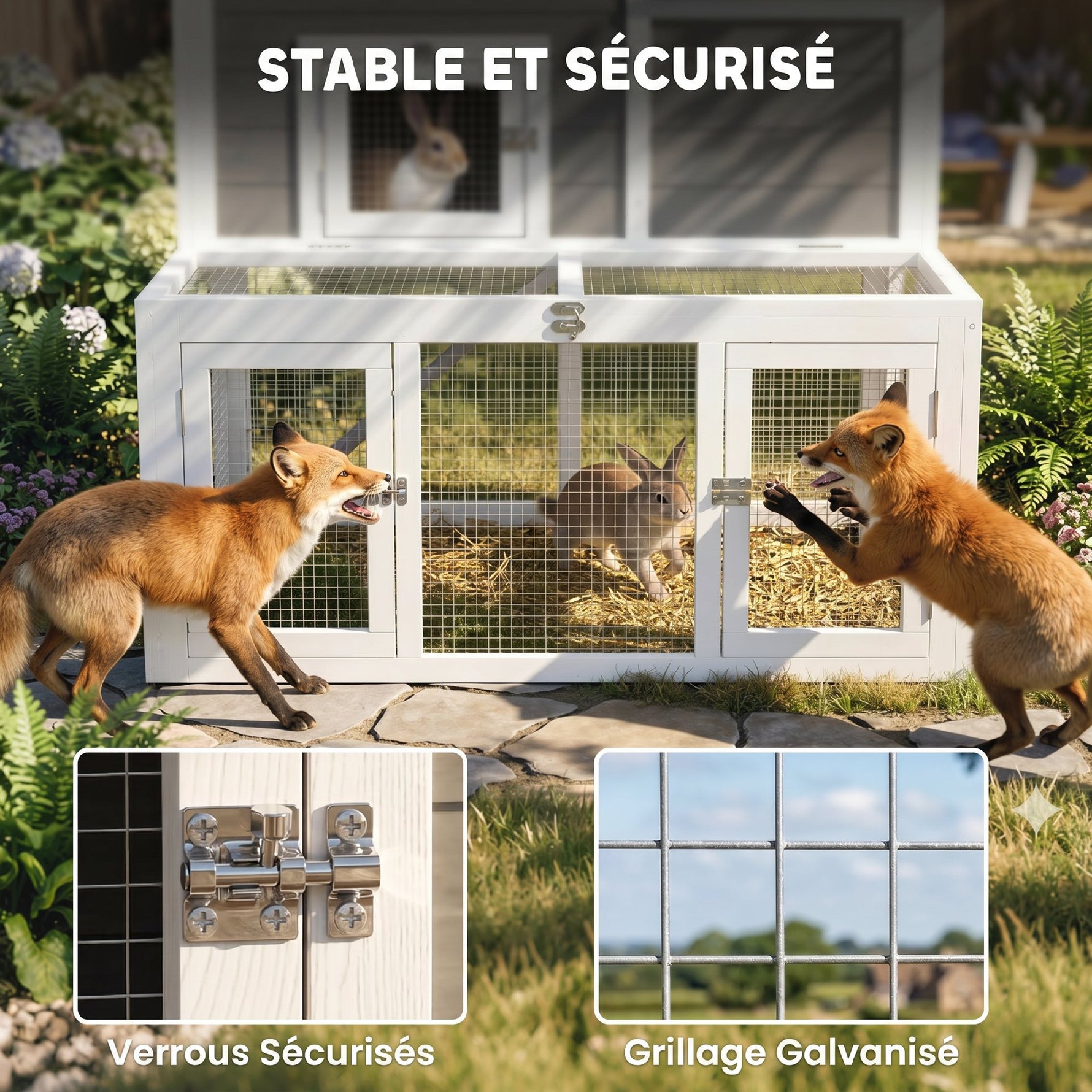 Clapier Lapin Extérieur en Bois Cage à Lapin Intérieur Double Toit Ouvrant Imperméable 2 Niveaux avec Enclos Gris
