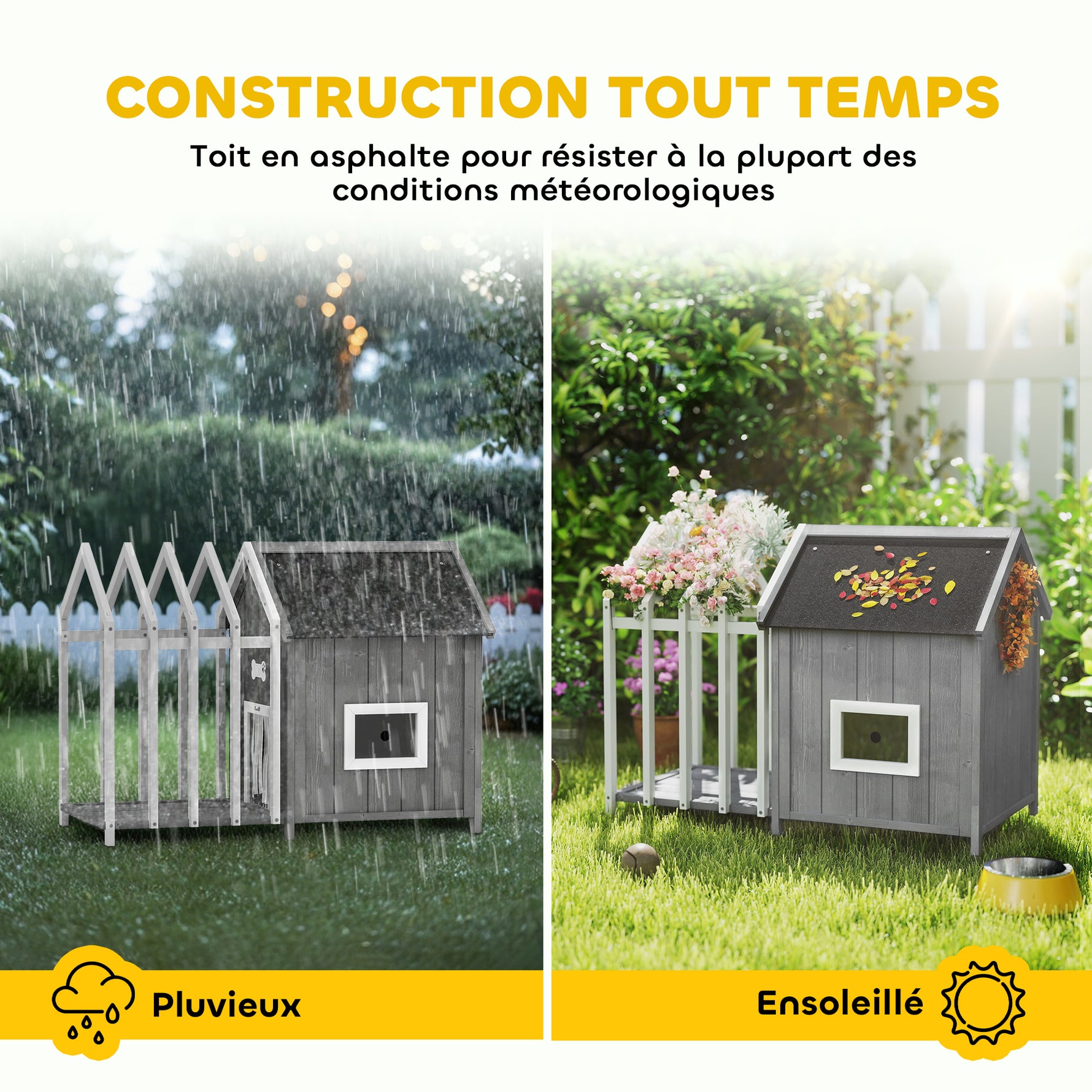 Niche pour chien extérieur en bois maison chien extérieur avec terrasse, porte à lamelles, 106 x 62,5 x 80,5 cm, gris