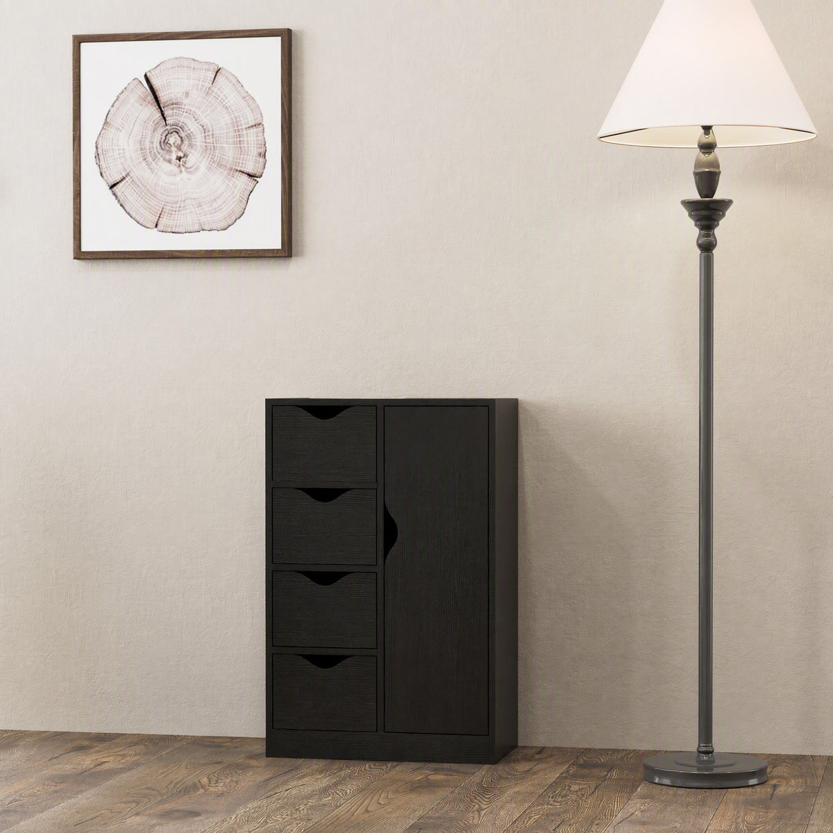 Aufbewahrungsmöbel Sideboard Kommode mit 1 Schranktür und 4 Schubladen, aus Holz, für Wohnzimmer, Küche, Flur, Esszimmer, Schwarz