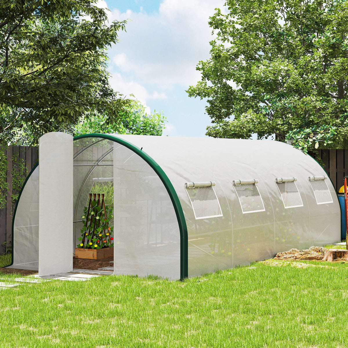 Serra a tunnel da giardino 18m², serra a tunnel con porte e 8 finestre, telo in PE 140g/m² 600 x 300 x 200 cm bianco