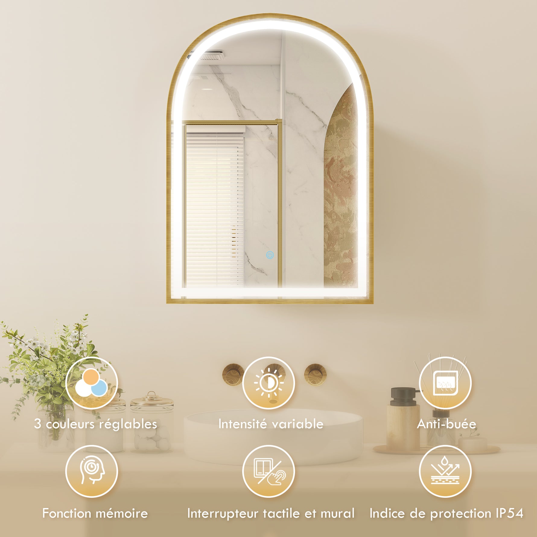 Armoire murale salle de bain avec miroir et éclairage LED, porte arquée, anti-buée, 50x14,5x70cm, doré
