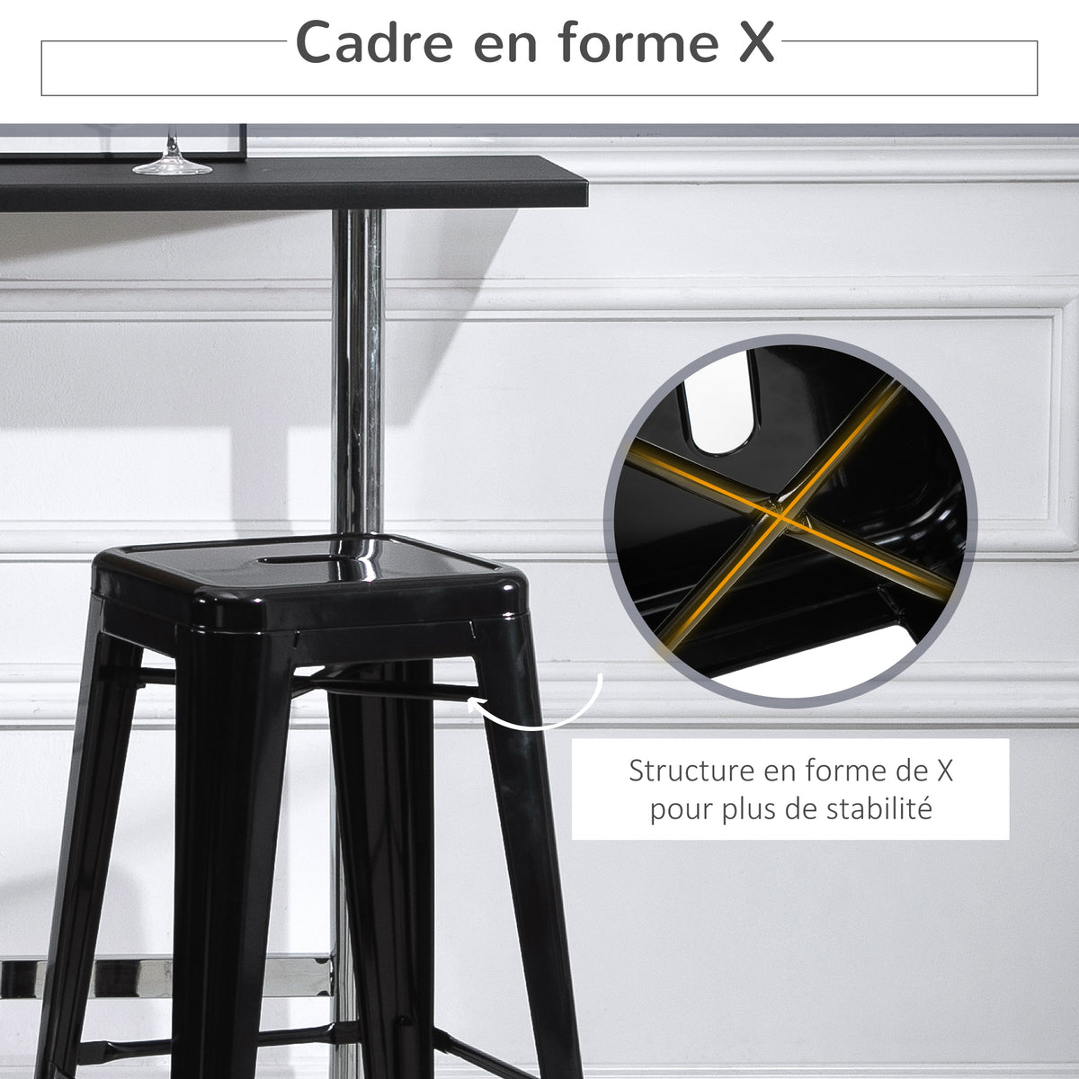 Lot de 4 tabourets de Bar Empilable Chaise de Bar Industriel avec Repose-Pied Hauteur d'Assise 76 cm, cadre en métal, style rétro, pour salle à manger, balcon, bistrot ou bar, Noir