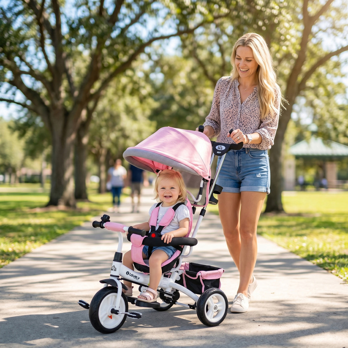 Grow-with-Me Kids Tricycle, Foldable Sun Canopy, Removable Telescopic Handle, 95 x 50 x 106 cm, Steel, Pink