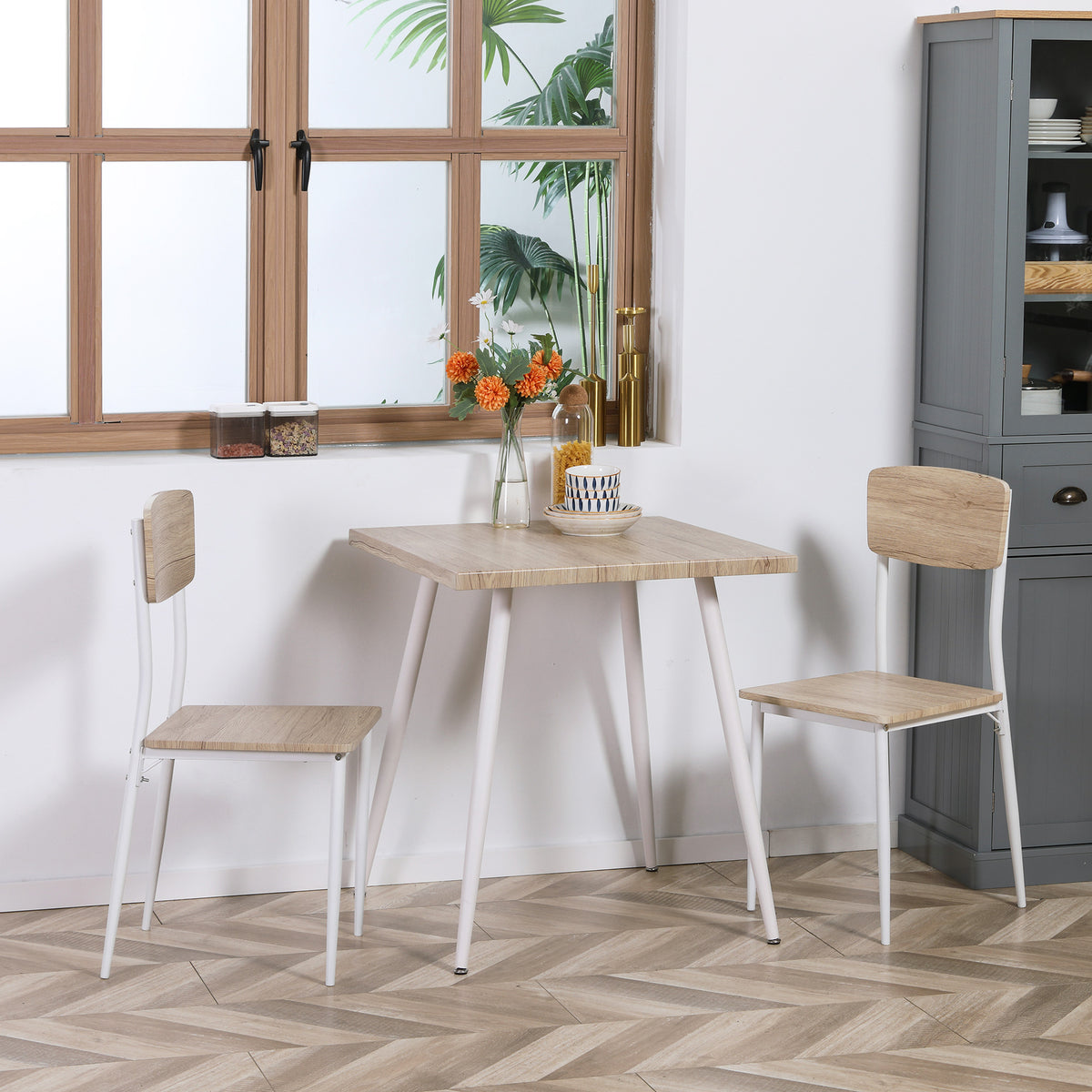 Ensemble table à manger carrée 3 pièces avec 2 chaises cuisine salle à manger plateau MDF châssis métal blanc