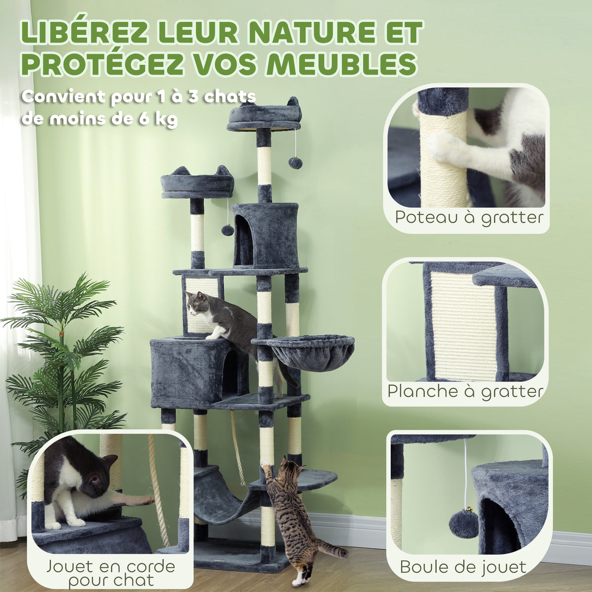 Kratzbaum 206 cm Spielturm für Katzen aus Plüsch mit mehreren Ebenen, ideal für 1-3 Katzen, 60 x 50 x 206 cm, dunkelgrau