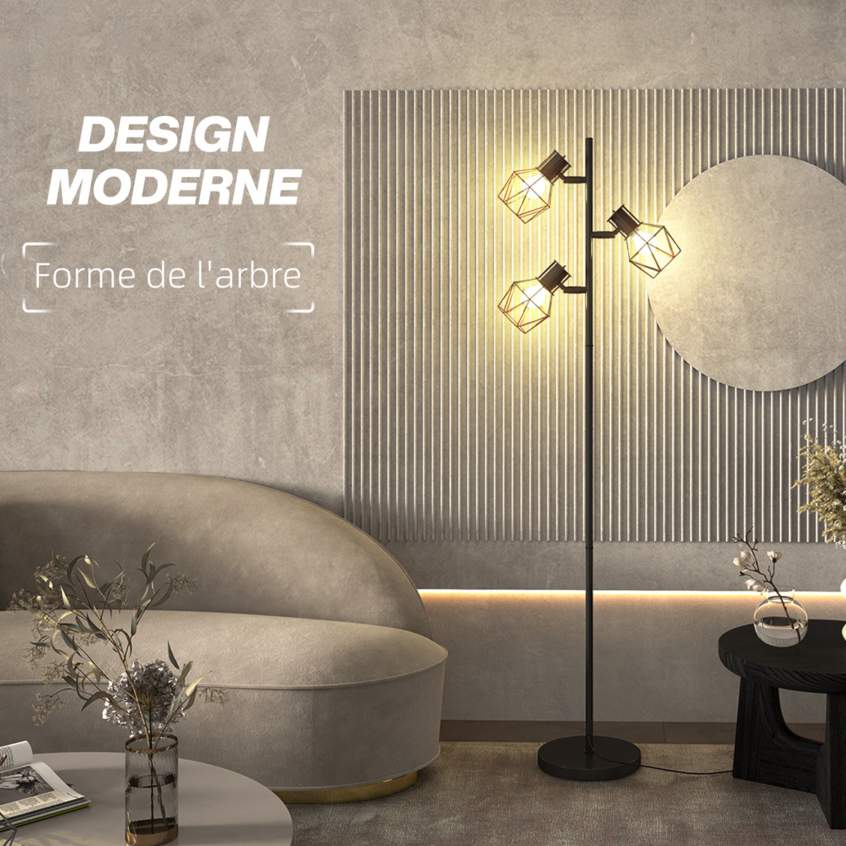 Lampadaire sur pied salon lampe sur pied 3 lumières adaptée aux ampoules E27 (non incluses) 41 x 28 x 169 cm noir