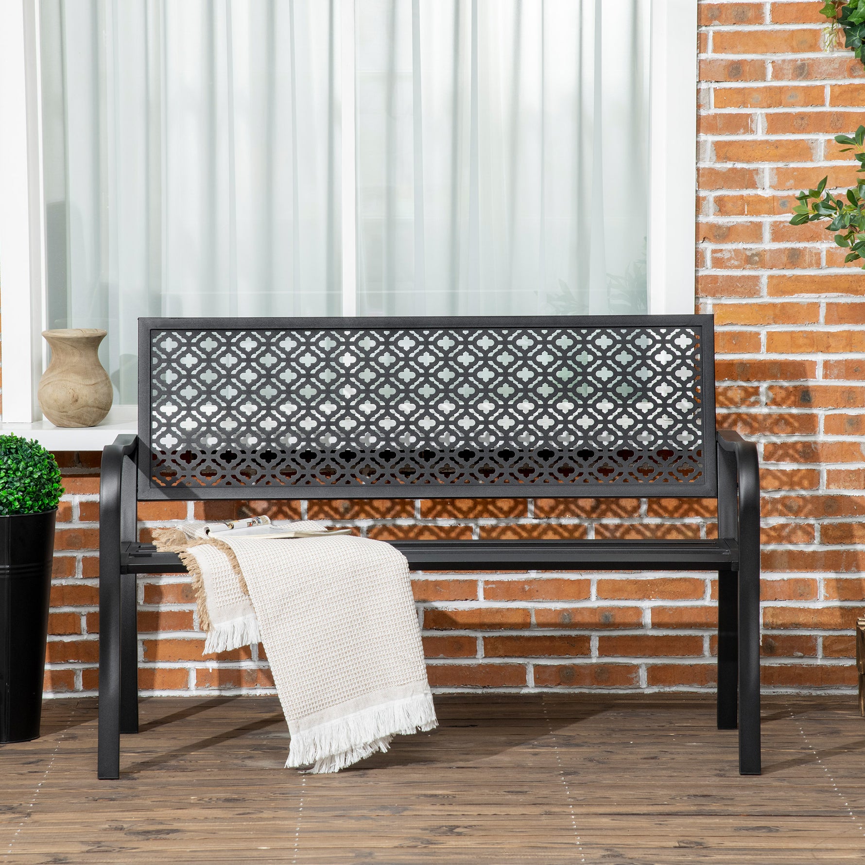 Banc de jardin banc extérieur jardin en acier avec dossier à motif floral pour 2 personnes 127 x 63 x 83 cm noir