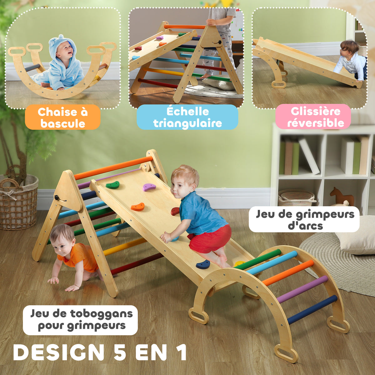 5 en 1 Triangle arche d'escalade enfants avec rampe d'escalade réversible toboggan bascule multicolore