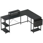 Bureau d'angle modulable réversible 168-240 cm style industriel - étagère réglable, sac de rangement, support d'écran