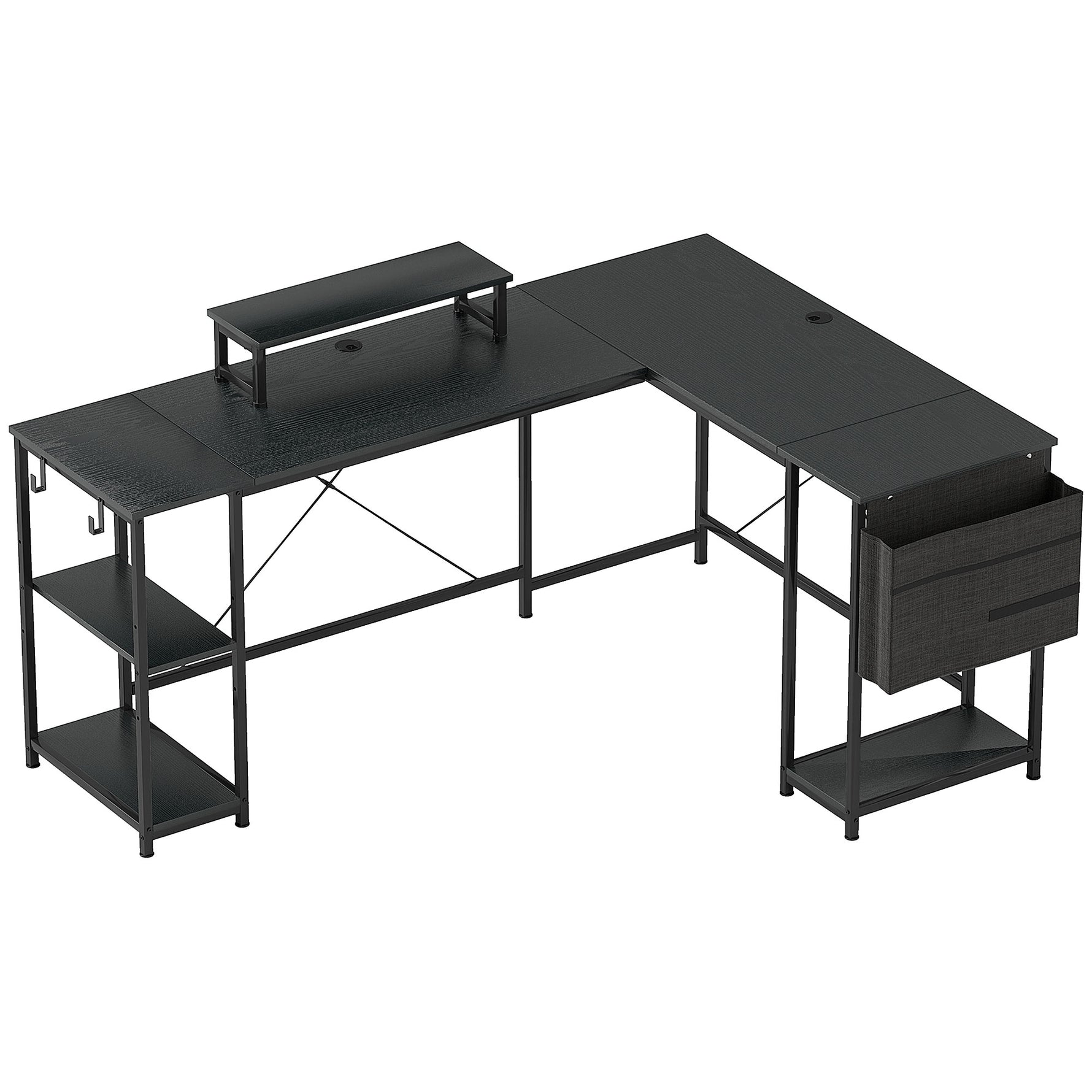 Bureau d'angle modulable réversible 168-240 cm style industriel - étagère réglable, sac de rangement, support d'écran