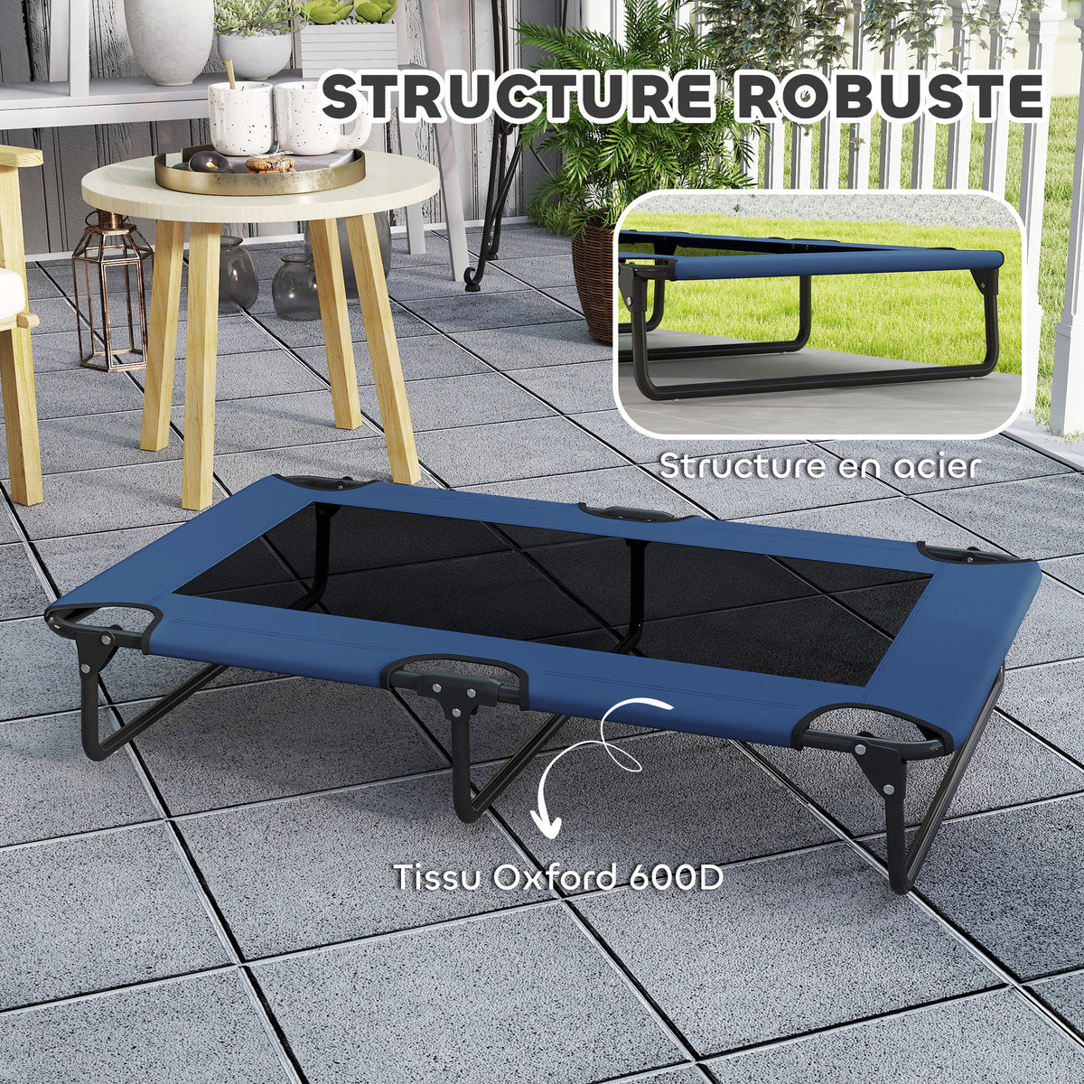 Lit surélevé pour chiens pliable rafraîchissant, lit de camp pour animaux en maille respirante 107x61x20cm bleu foncé