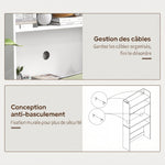 Bureau informatique avec étagères de rangement plateau rabattable 2 roulettes pour chambre salon 80 x 69 x 155 cm blanc