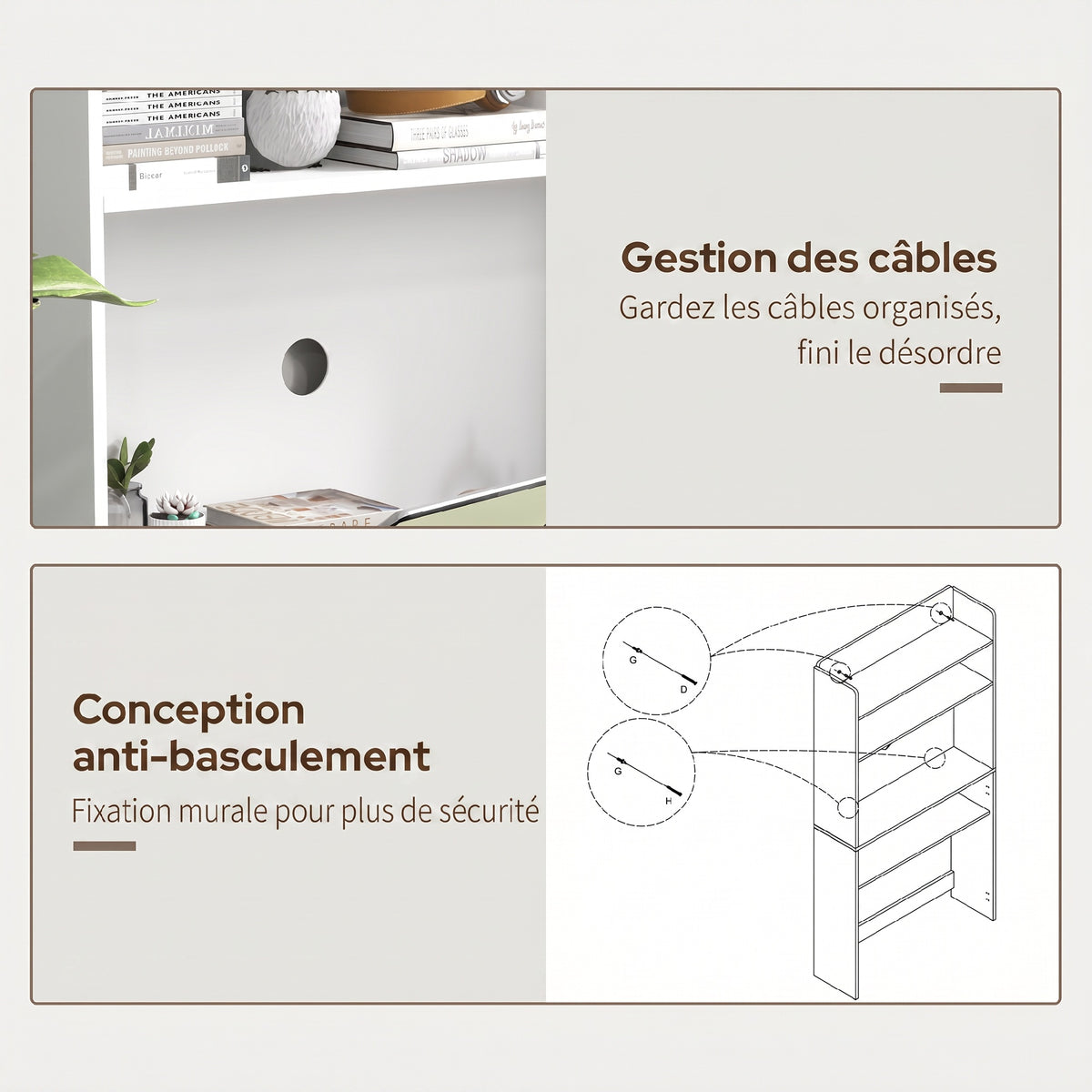 Bureau informatique avec étagères de rangement plateau rabattable 2 roulettes pour chambre salon 80 x 69 x 155 cm blanc