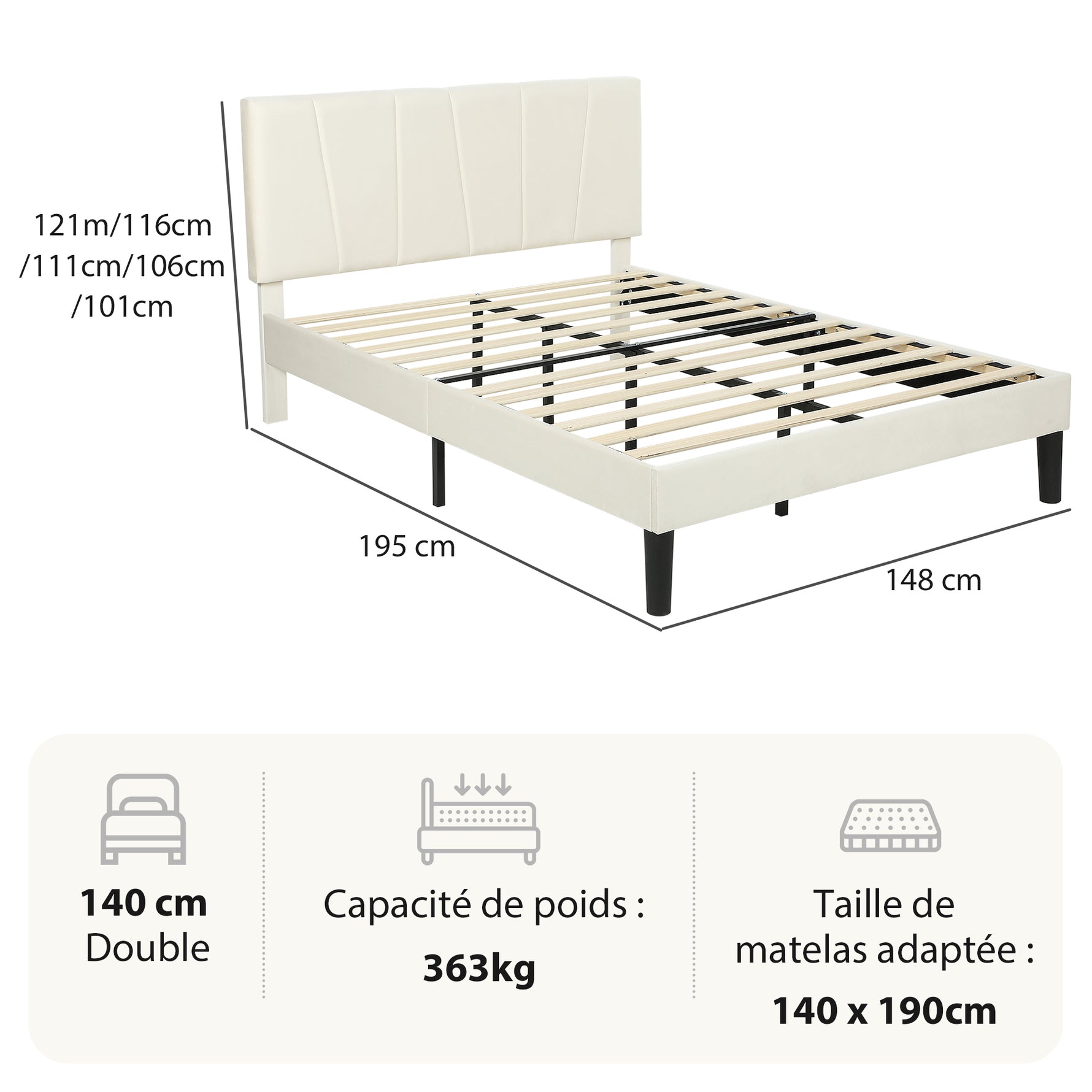 Cadre de lit double 140 x 190 cm lit 2 personnes tête de lit réglable sommier 150 x 198 x 101/106/111/116/121 cm crème