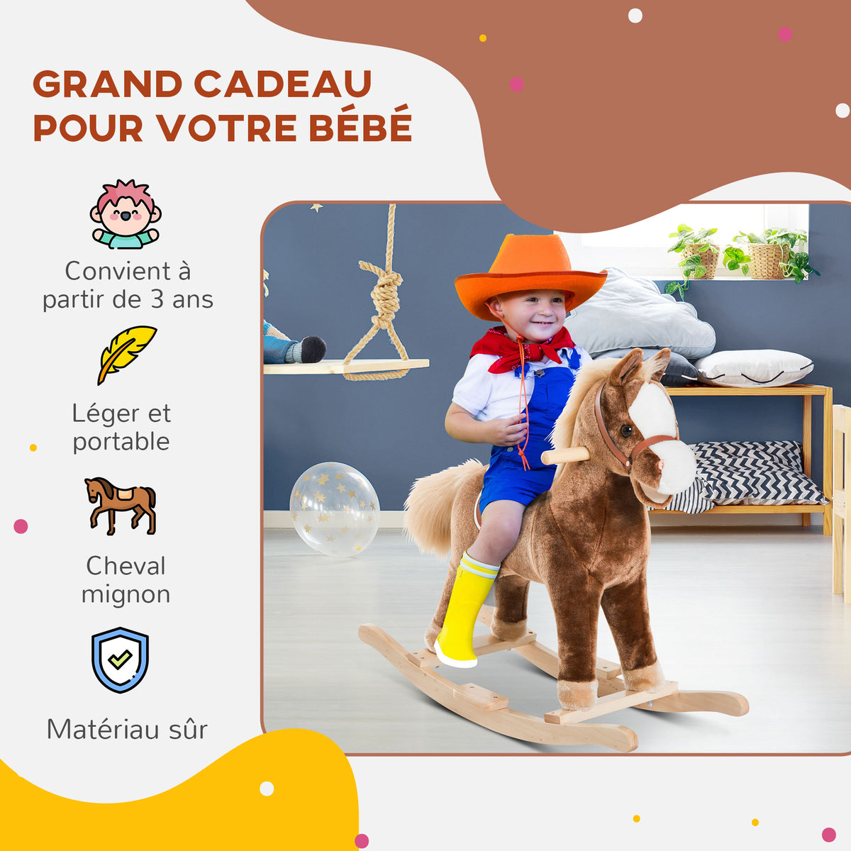 Schaukelpferd Cowboypferd Sattel Großer Komfort für Kinder ab 36 Monaten Kurzflor Plüsch Weich Holz Pappel Belastung 40 kg Braun Weiß