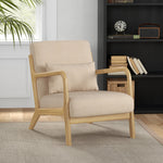 Fauteuil lounge - 3 coussins inclus - assise profonde - accoudoirs - structure bois hévéa - aspect velours beige